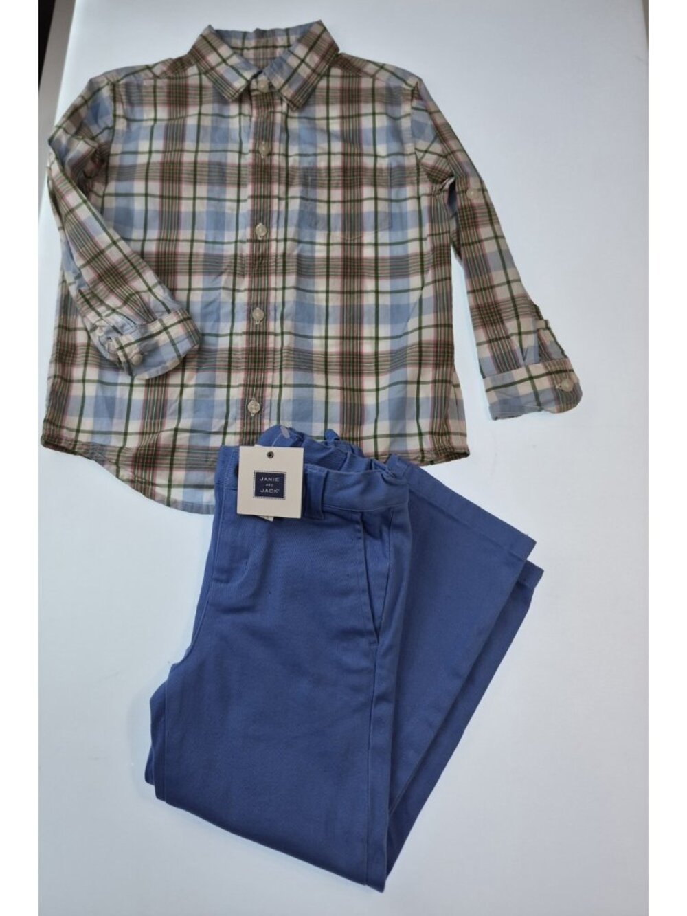 Janie and Jack Boys Size 3 3T Outfit Plaid Button Shirt Blue Chino Pants Lot